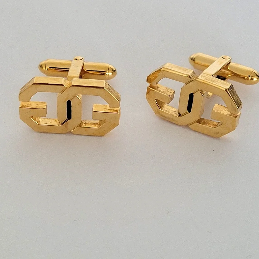 Givenchy Vintage Double G Logo Cufflinks Gold Tone Geometric Designer Mens Acces
